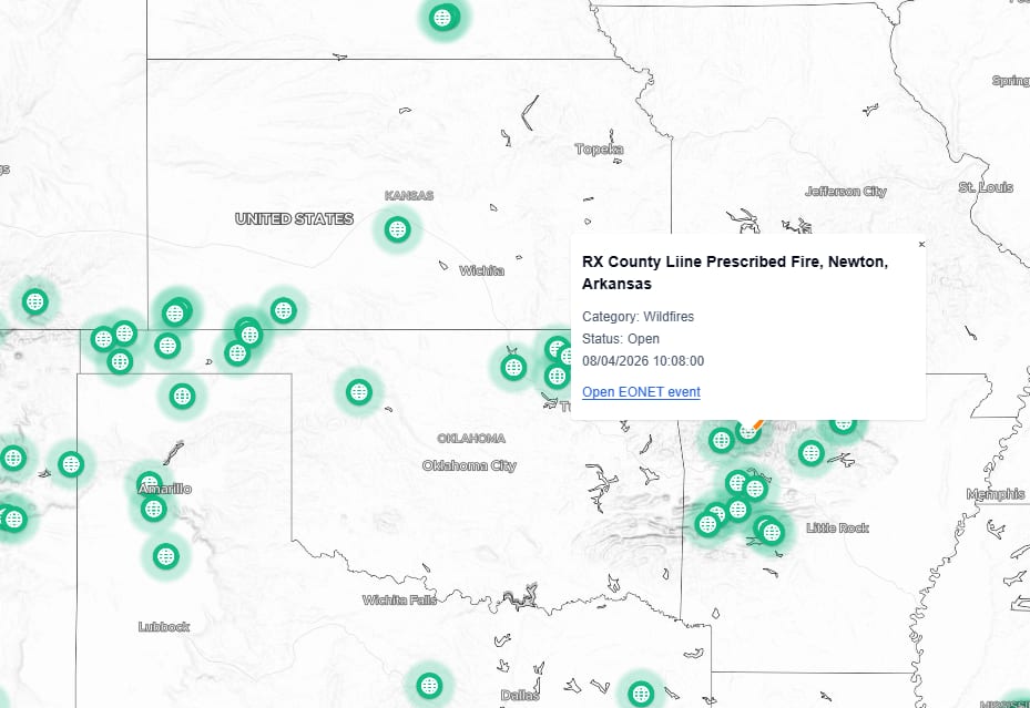 NASA EONET natural event markers across the central United States