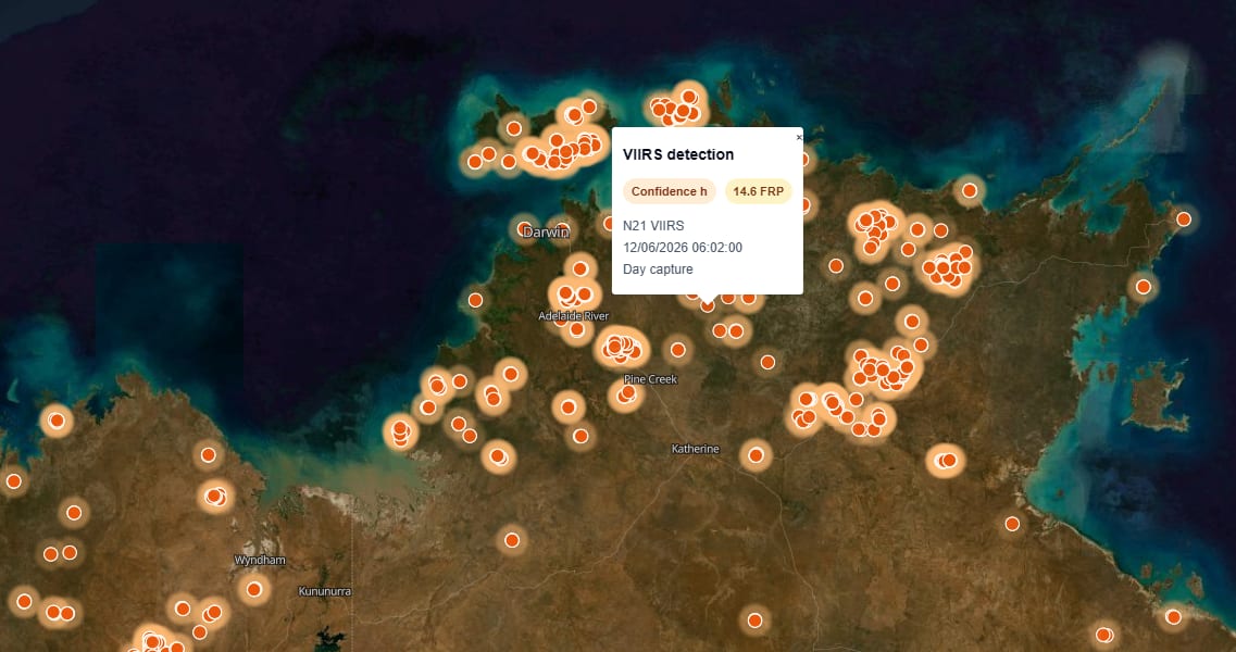 NASA FIRMS VIIRS thermal fire detections over northern Australia