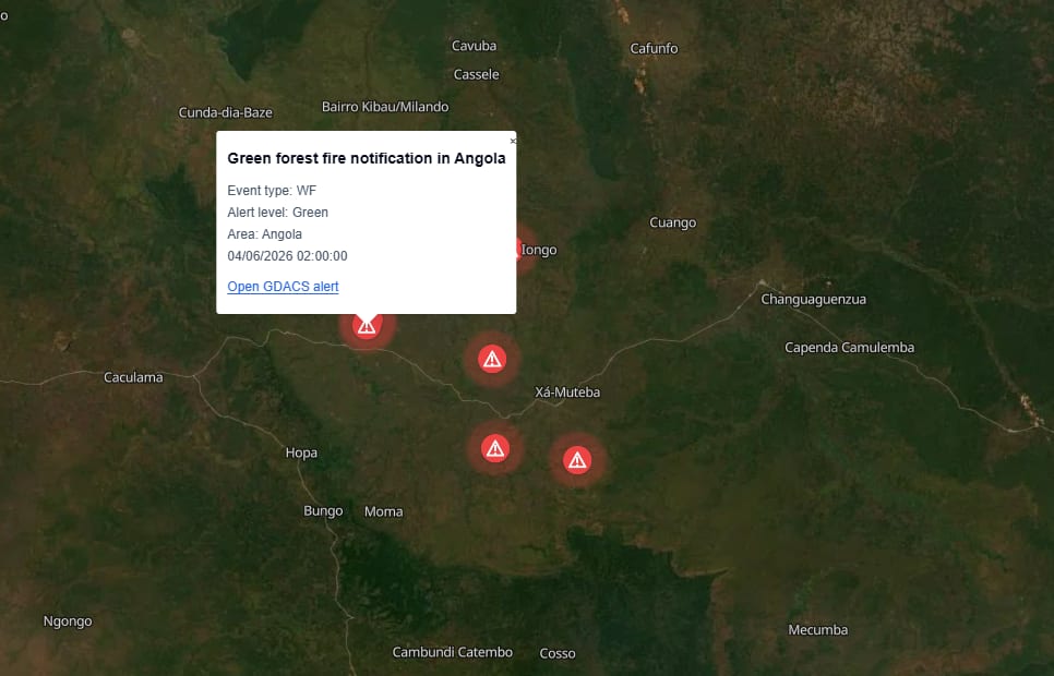 GDACS global disaster alert markers over Angola