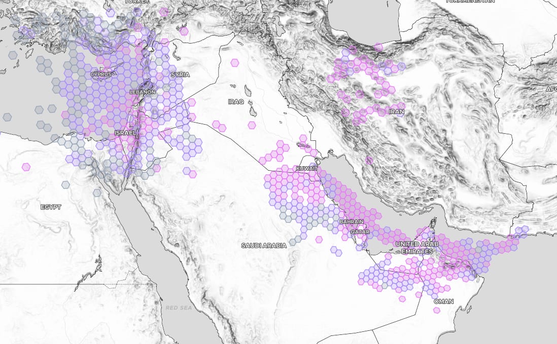GPS interference hex-bin layer across the Middle East