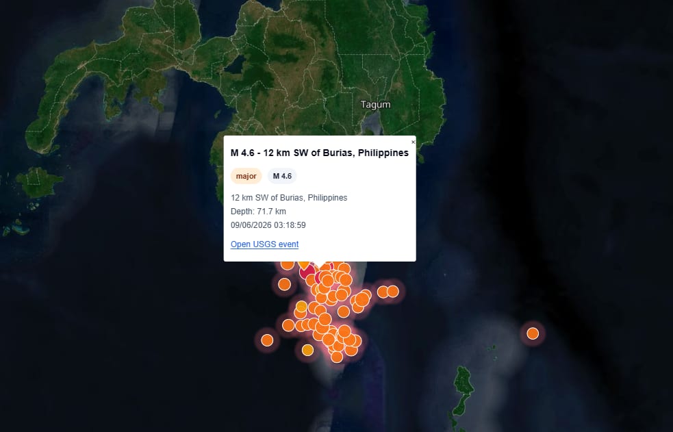 USGS earthquake markers near the Philippines
