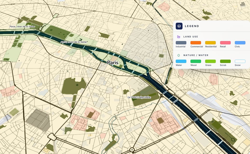 Horizon Mapper land-use and nature/water layers over Paris with a colour legend
