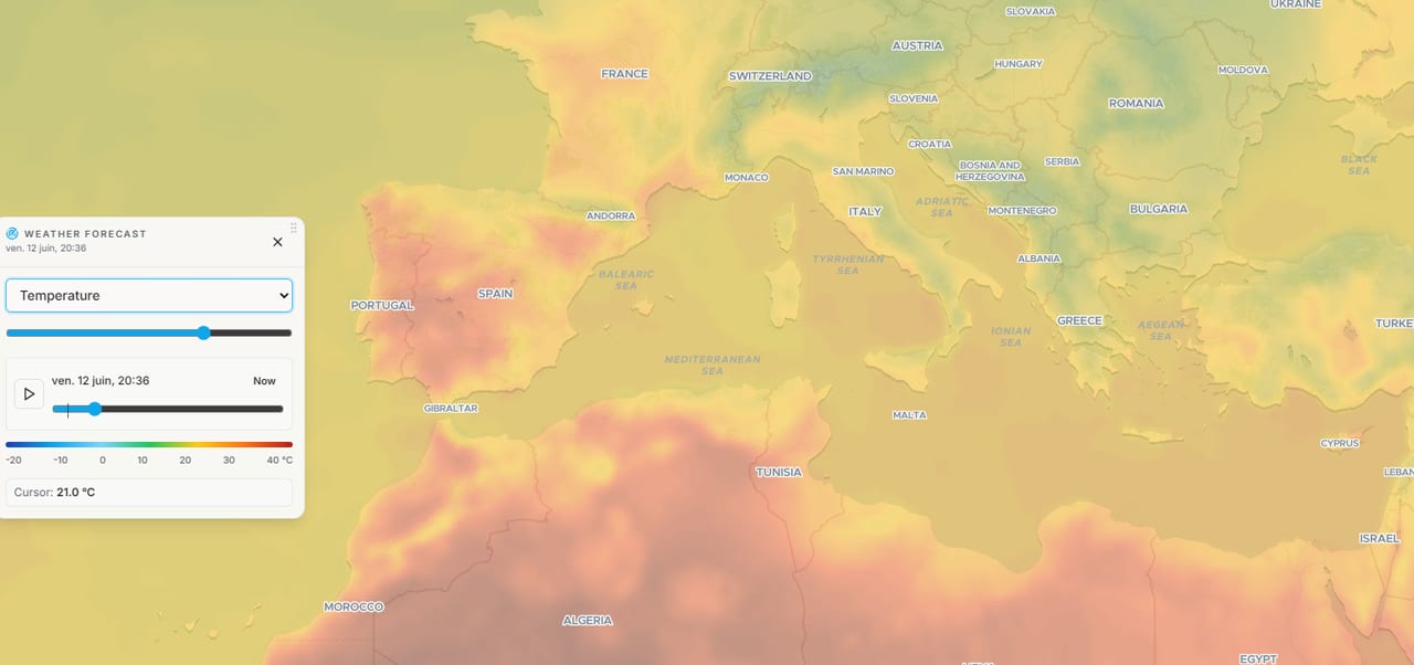 MapTiler weather temperature layer over the Mediterranean