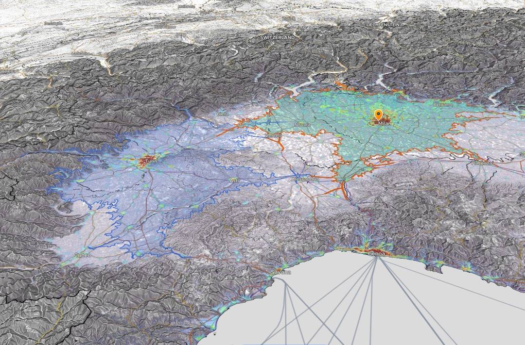 Horizon Mapper drive-time catchments following the road network around Milan and Turin