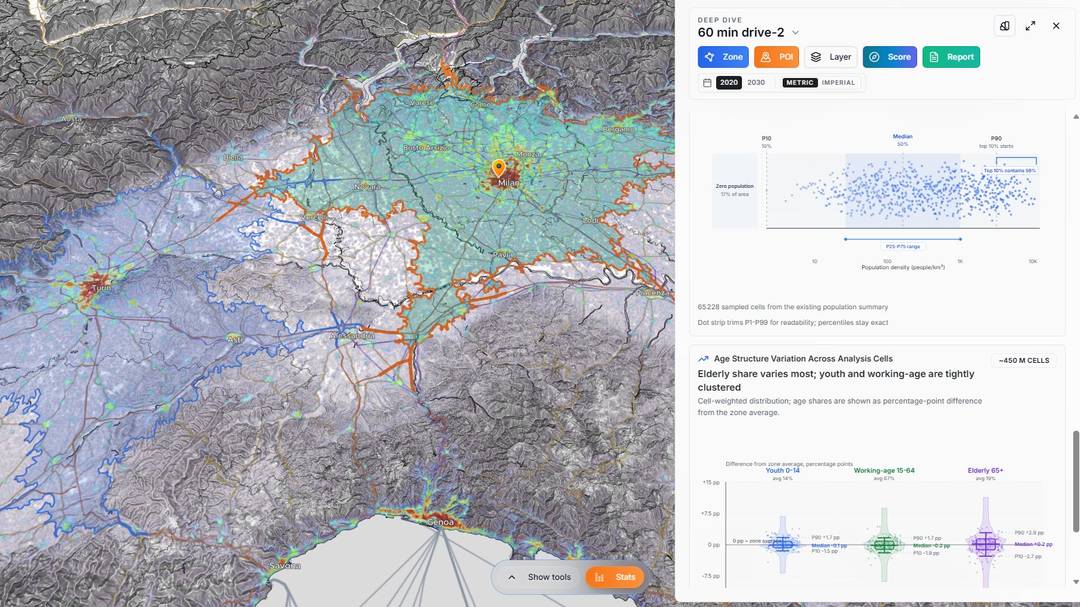 Horizon Mapper Deep Dive panel showing population density evidence for a drive-time zone