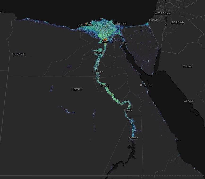 Horizon Mapper population raster of Egypt showing population concentrated along the Nile on a dark basemap