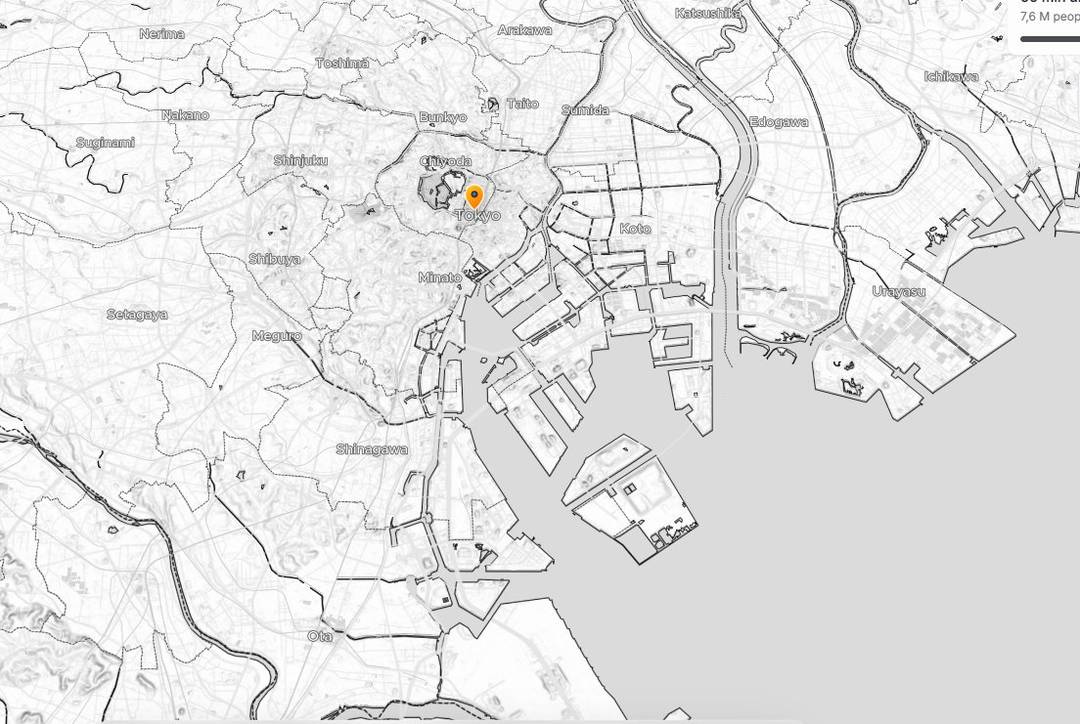 Horizon Mapper 30 and 60 minute isochrones around Tokyo Station on a clean light basemap