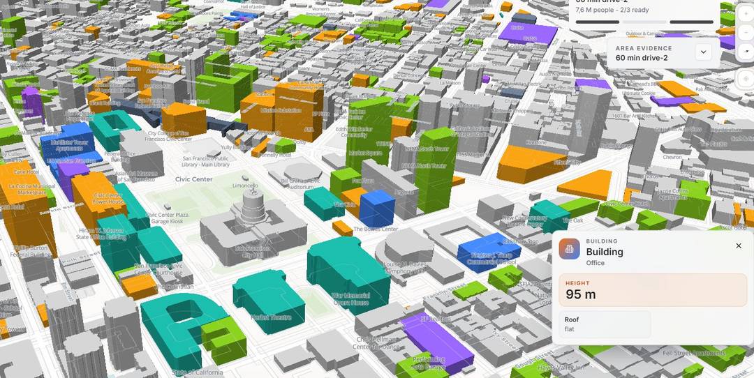 Horizon Mapper 3D buildings coloured by use inside a San Francisco Civic Center zone