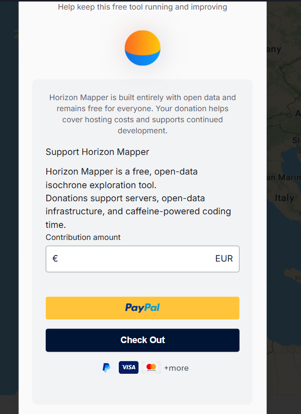 Horizon Mapper interface showing isochrone zones for drive, bike, and walk modes with interactive map